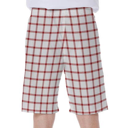 Red And White Tattersall Pattern Print Men's Beach Shorts