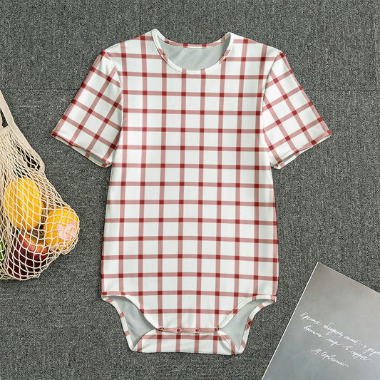 Red And White Tattersall Pattern Print Men's Bodysuit