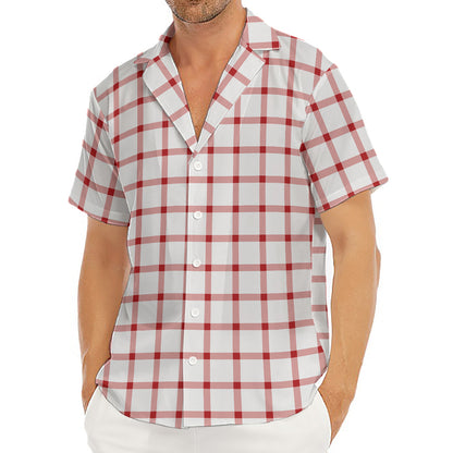 Red And White Tattersall Pattern Print Men's Deep V-Neck Shirt