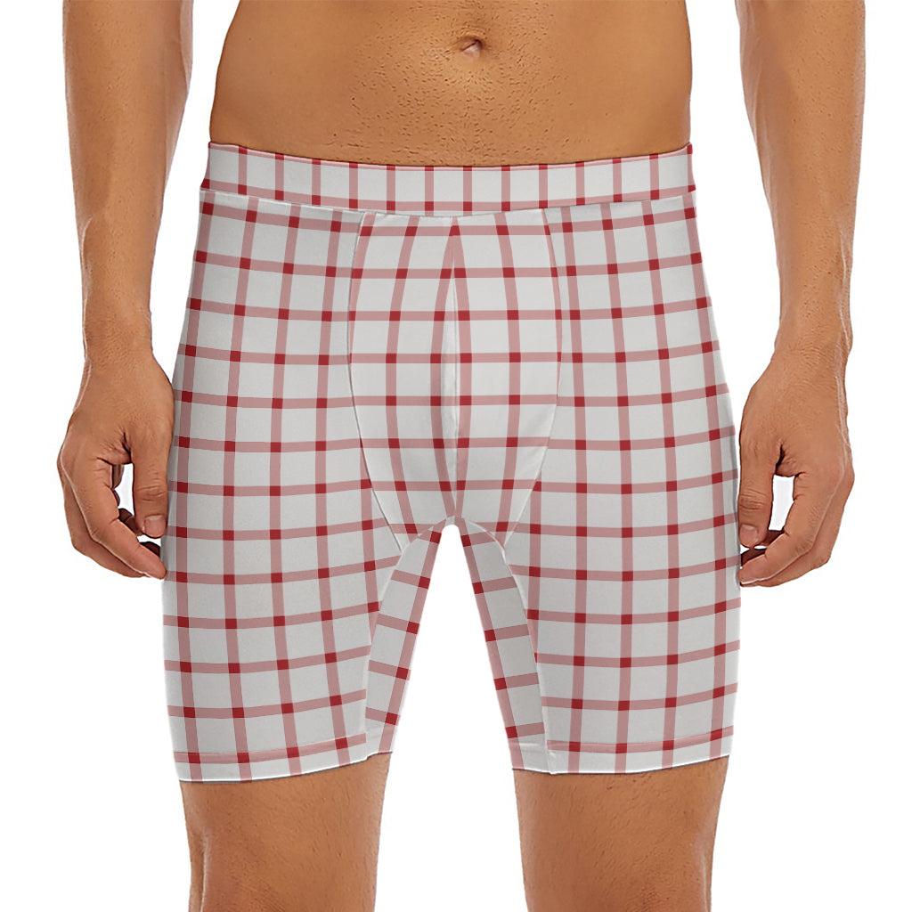 Red And White Tattersall Pattern Print Men's Long Boxer Briefs