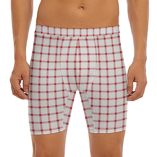Red And White Tattersall Pattern Print Men's Long Boxer Briefs