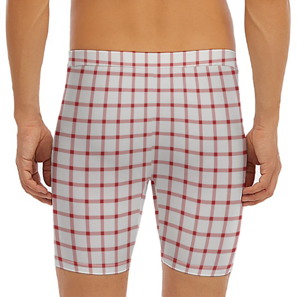 Red And White Tattersall Pattern Print Men's Long Boxer Briefs