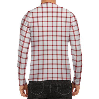 Red And White Tattersall Pattern Print Men's Long Sleeve Rash Guard