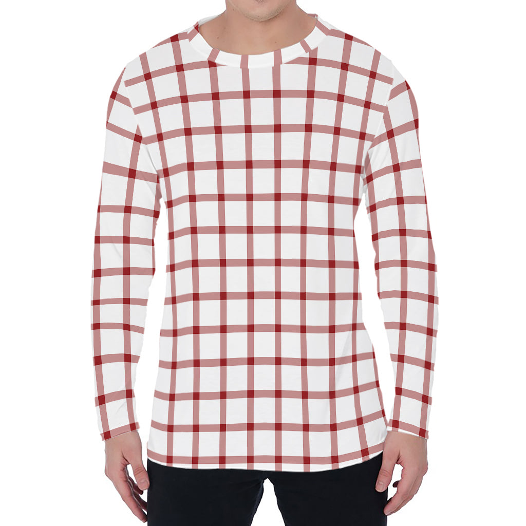 Red And White Tattersall Pattern Print Men's Long Sleeve T-Shirt