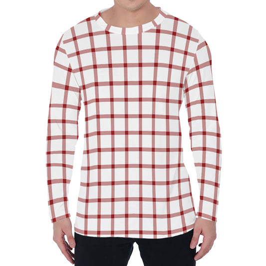 Red And White Tattersall Pattern Print Men's Long Sleeve T-Shirt