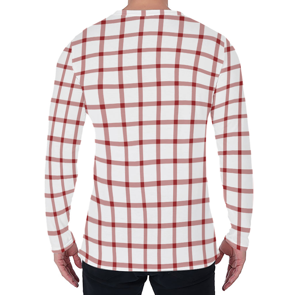 Red And White Tattersall Pattern Print Men's Long Sleeve T-Shirt