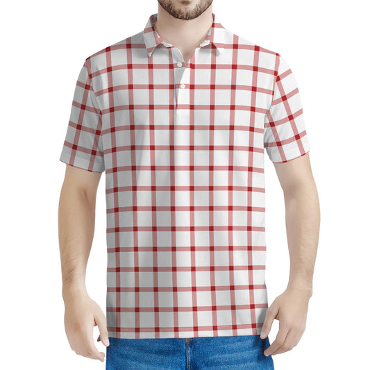 Red And White Tattersall Pattern Print Men's Polo Shirt