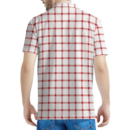 Red And White Tattersall Pattern Print Men's Polo Shirt