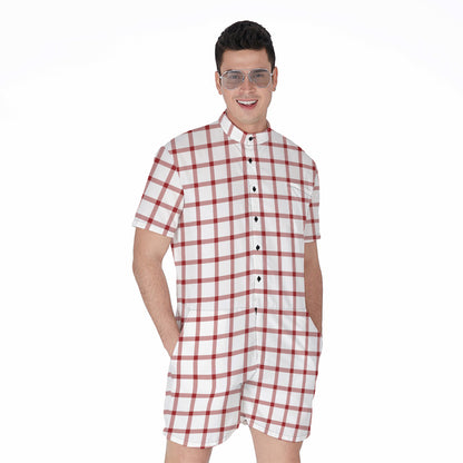 Red And White Tattersall Pattern Print Men's Rompers