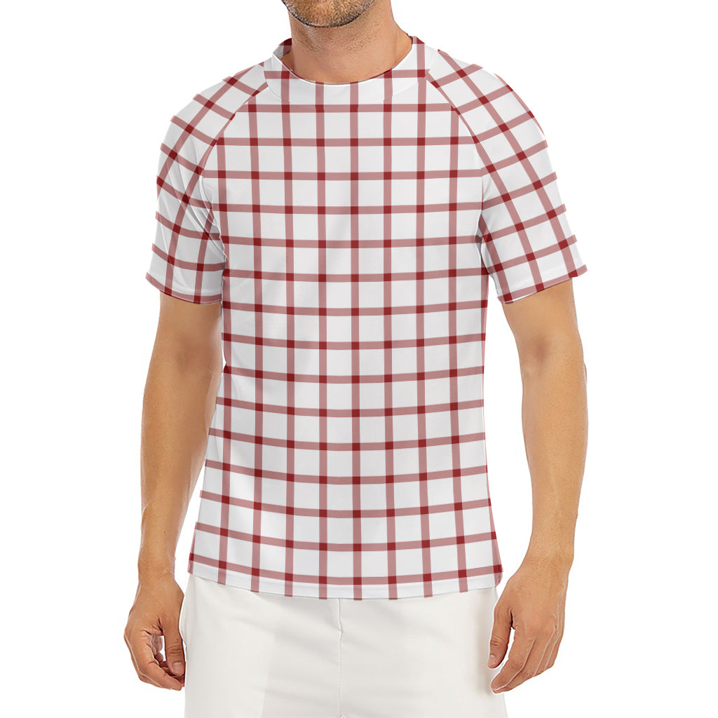 Red And White Tattersall Pattern Print Men's Short Sleeve Rash Guard