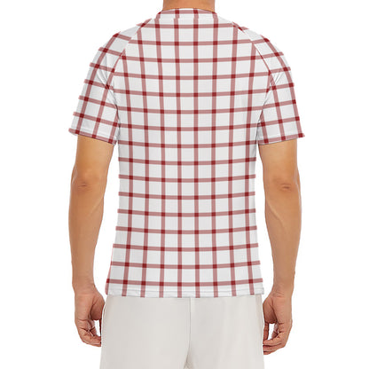 Red And White Tattersall Pattern Print Men's Short Sleeve Rash Guard