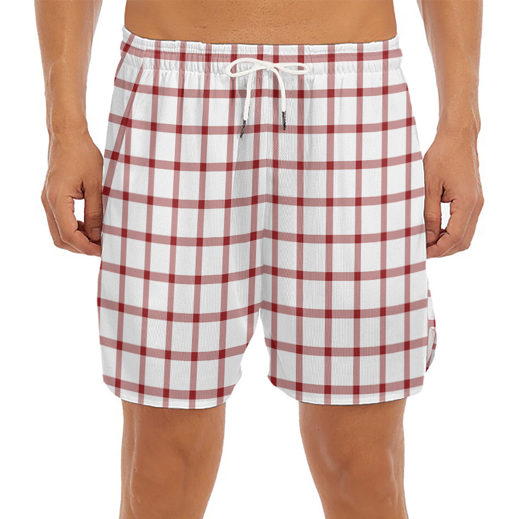 Red And White Tattersall Pattern Print Men's Split Running Shorts