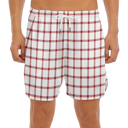 Red And White Tattersall Pattern Print Men's Split Running Shorts