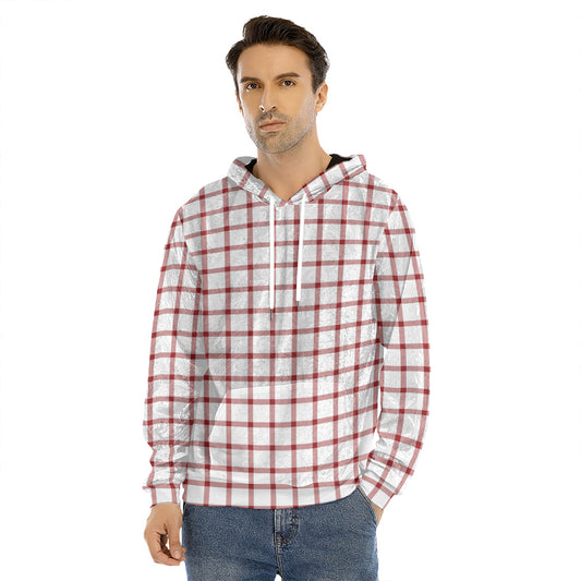 Red And White Tattersall Pattern Print Men's Velvet Pullover Hoodie