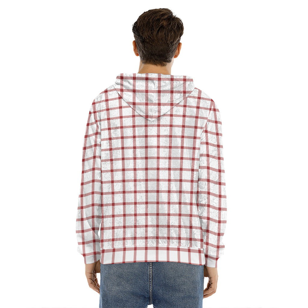 Red And White Tattersall Pattern Print Men's Velvet Pullover Hoodie