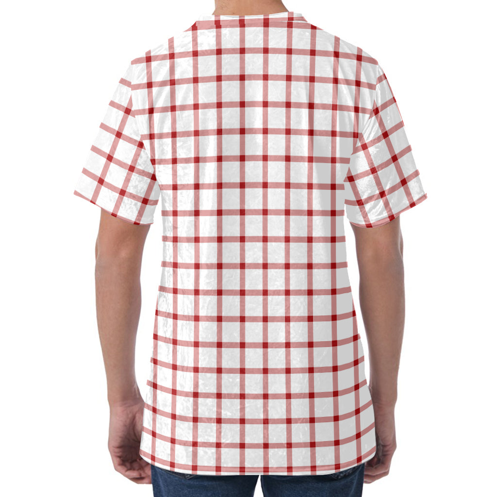 Red And White Tattersall Pattern Print Men's Velvet T-Shirt