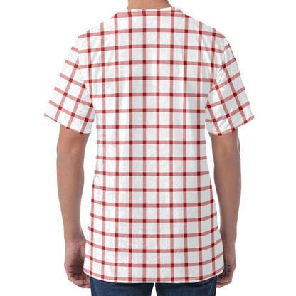 Red And White Tattersall Pattern Print Men's Velvet T-Shirt