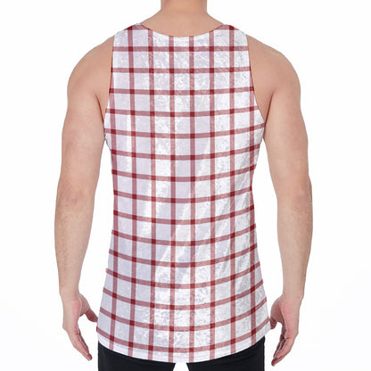 Red And White Tattersall Pattern Print Men's Velvet Tank Top