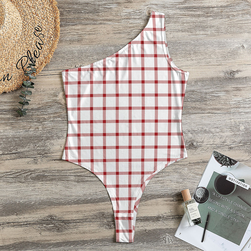 Red And White Tattersall Pattern Print One Shoulder Bodysuit