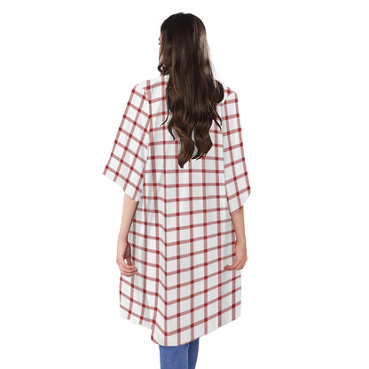 Red And White Tattersall Pattern Print Open Front Beach Cover Up