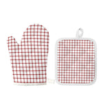 Red And White Tattersall Pattern Print Oven Mitt And Pot Holder Set
