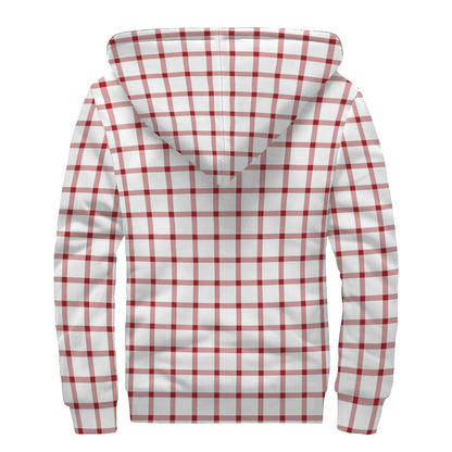 Red And White Tattersall Pattern Print Sherpa Lined Zip Up Hoodie