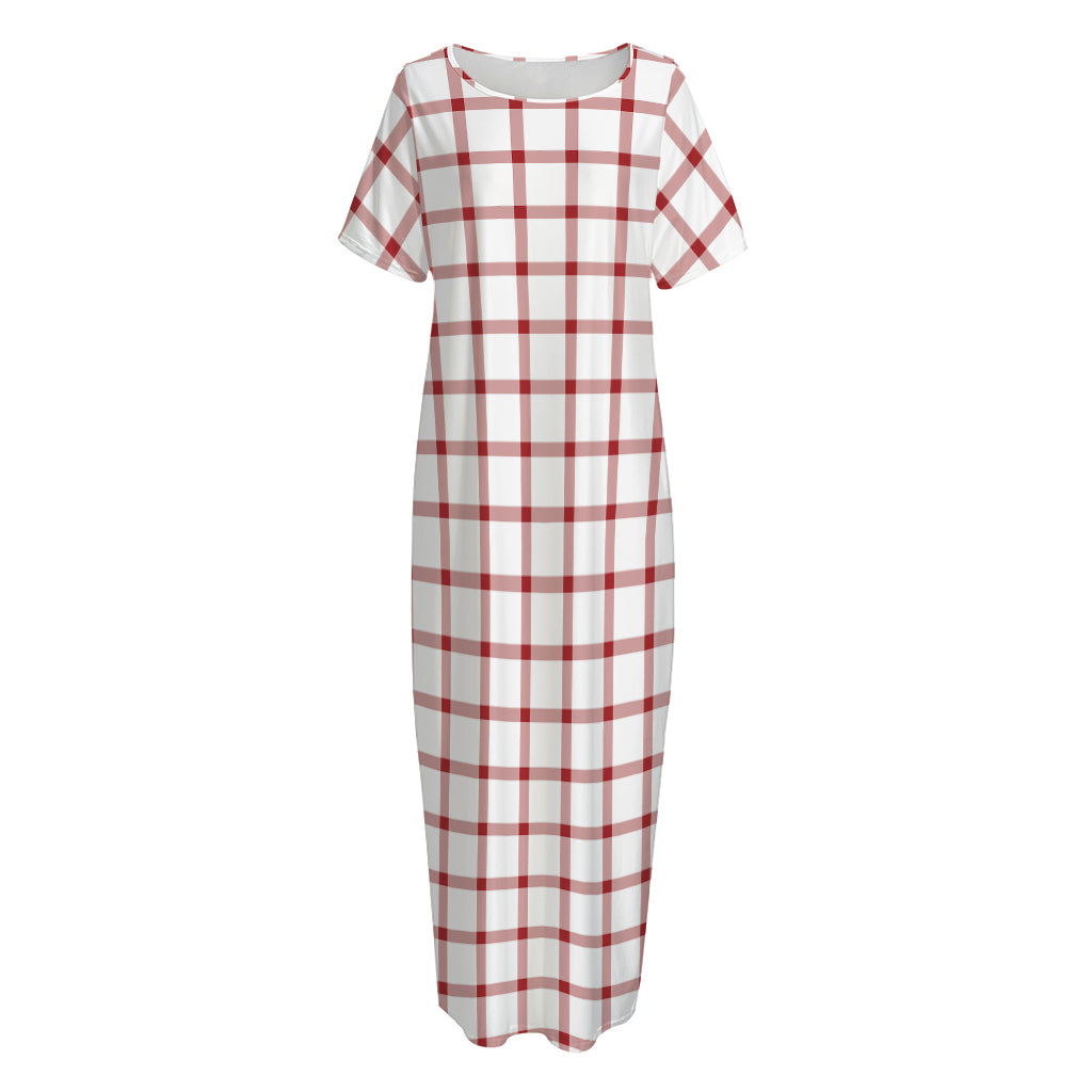 Red And White Tattersall Pattern Print Short Sleeve Long Nightdress