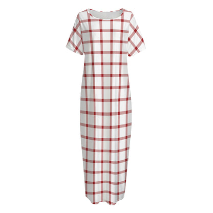Red And White Tattersall Pattern Print Short Sleeve Long Nightdress