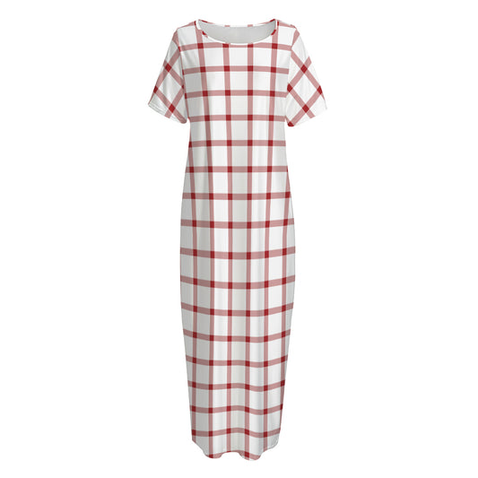 Red And White Tattersall Pattern Print Short Sleeve Long Nightdress
