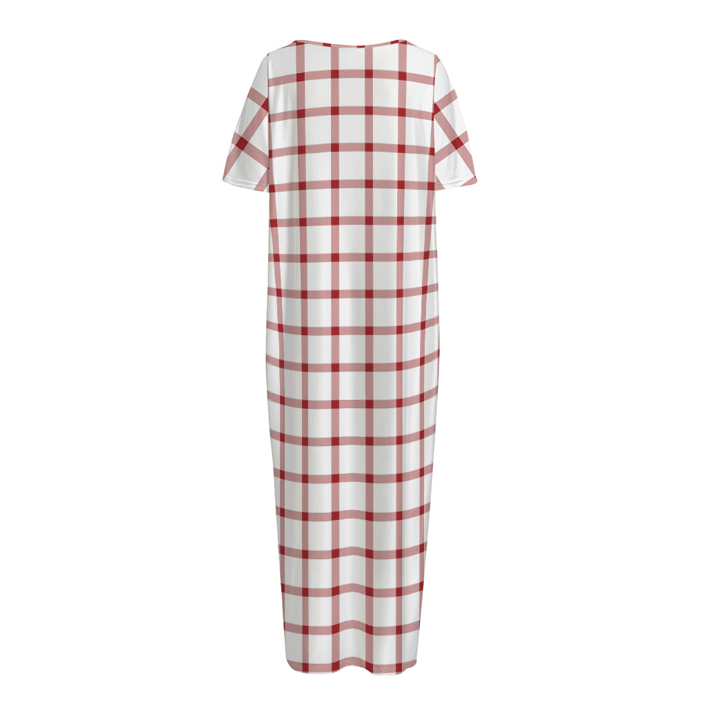 Red And White Tattersall Pattern Print Short Sleeve Long Nightdress