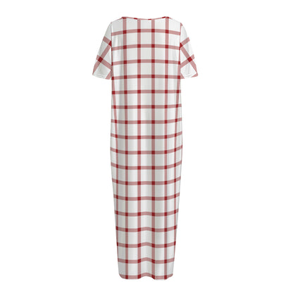 Red And White Tattersall Pattern Print Short Sleeve Long Nightdress