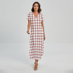 Red And White Tattersall Pattern Print Short Sleeve Maxi Dress