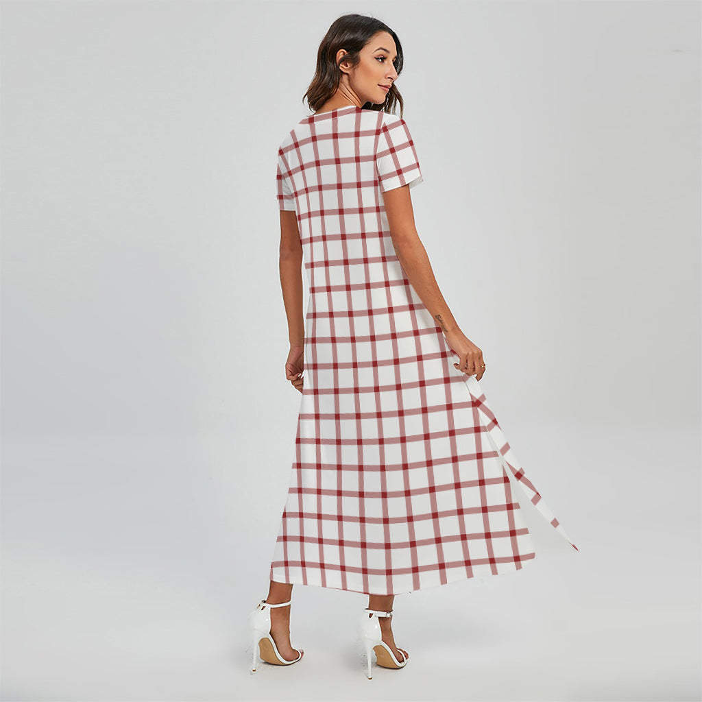 Red And White Tattersall Pattern Print Short Sleeve Maxi Dress