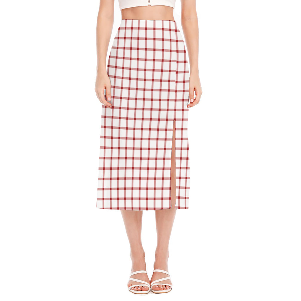 Red And White Tattersall Pattern Print Side Slit Midi Skirt