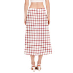Red And White Tattersall Pattern Print Side Slit Midi Skirt