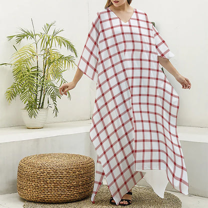 Red And White Tattersall Pattern Print Silk V-Neck Kaftan Dress