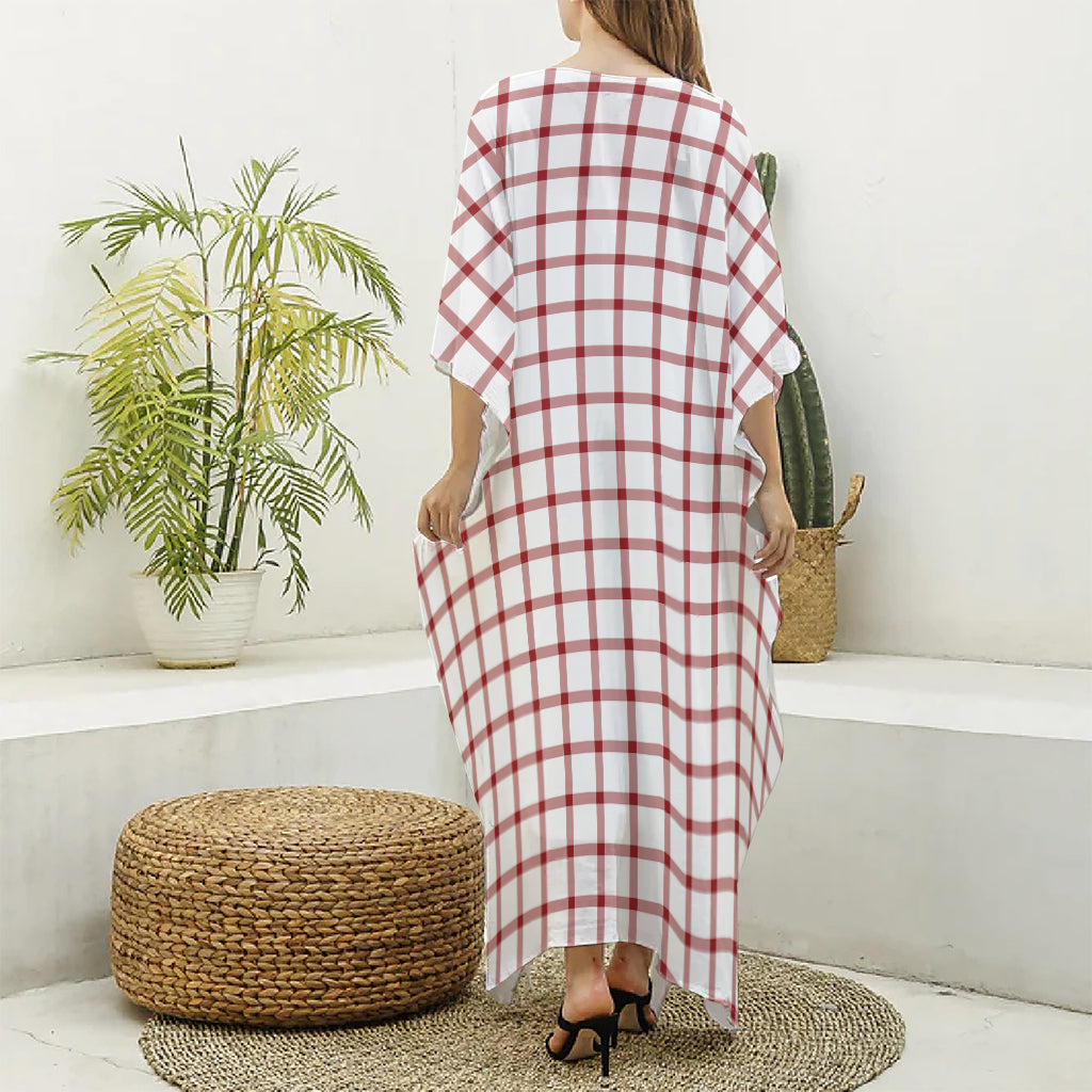 Red And White Tattersall Pattern Print Silk V-Neck Kaftan Dress