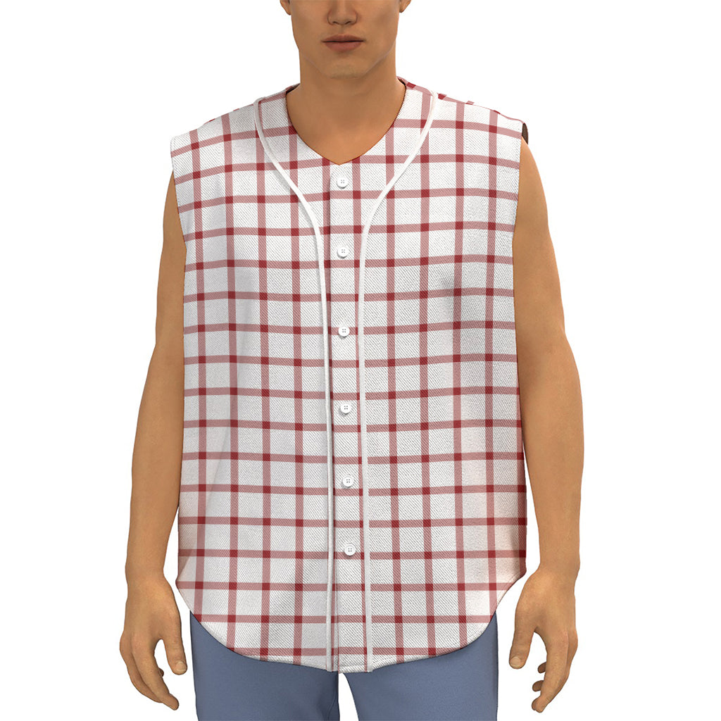 Red And White Tattersall Pattern Print Sleeveless Baseball Jersey