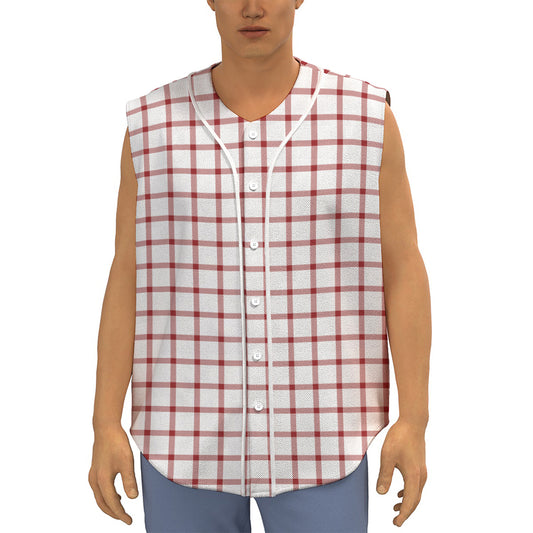 Red And White Tattersall Pattern Print Sleeveless Baseball Jersey