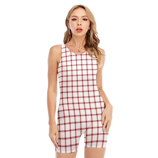 Red And White Tattersall Pattern Print Sleeveless One Piece Swimsuit