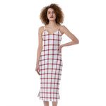 Red And White Tattersall Pattern Print Slim Fit Midi Cami Dress