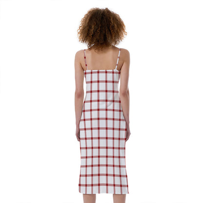 Red And White Tattersall Pattern Print Slim Fit Midi Cami Dress