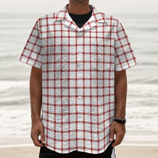 Red And White Tattersall Pattern Print Textured Short Sleeve Shirt