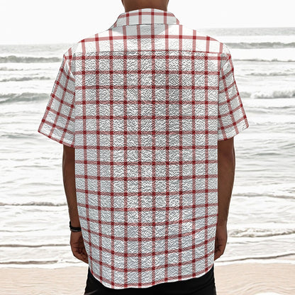 Red And White Tattersall Pattern Print Textured Short Sleeve Shirt