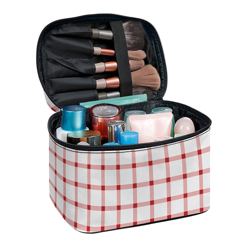 Red And White Tattersall Pattern Print Travel Makeup Bag