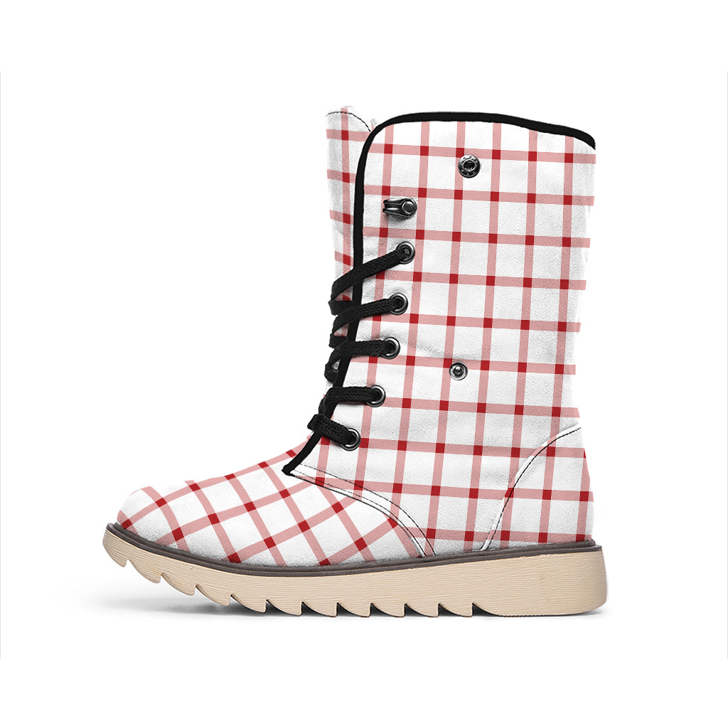 Red And White Tattersall Pattern Print Winter Boots