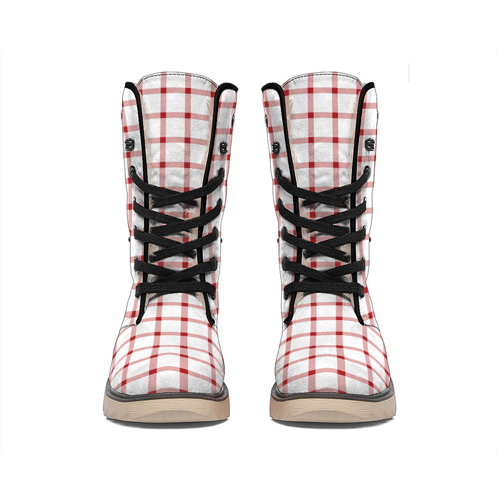 Red And White Tattersall Pattern Print Winter Boots