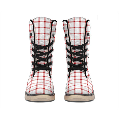 Red And White Tattersall Pattern Print Winter Boots
