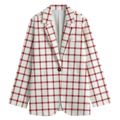 Red And White Tattersall Pattern Print Women's Cotton Blazer