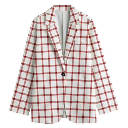 Red And White Tattersall Pattern Print Women's Cotton Blazer